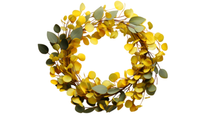 Yellow Eucalyptus Wreath Spring Floral Decor, Botanical Design with Natural Greenery, isolated on transparent background.