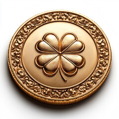 Gold coin with lucky four leaf clover isolated on white background. A close-up of a golden coin with a four-leaf clover design, symbolizing luck and prosperity