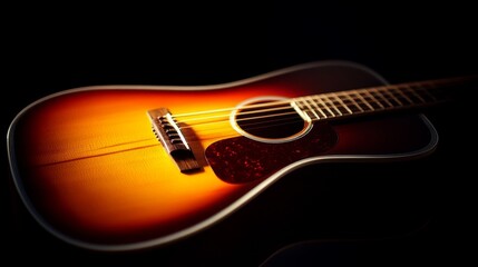 Naklejka premium Close-up of a beautifully crafted acoustic guitar with warm tones, set against a dark background