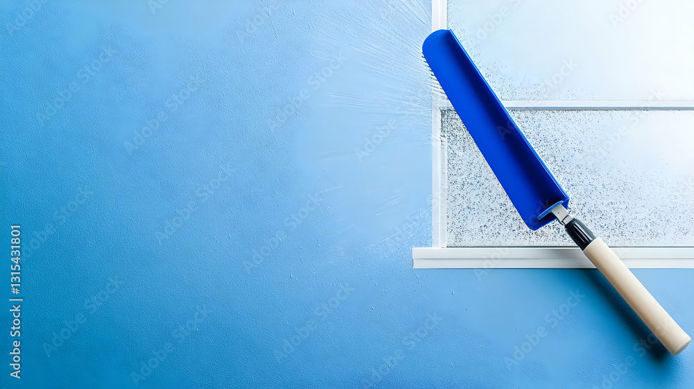 Poster close up of blue textured wall with paint tool creating a smooth finish and speckled design in soft 