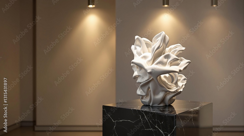 Poster The image features a modern sculpture displayed in a minimalist gallery setting.