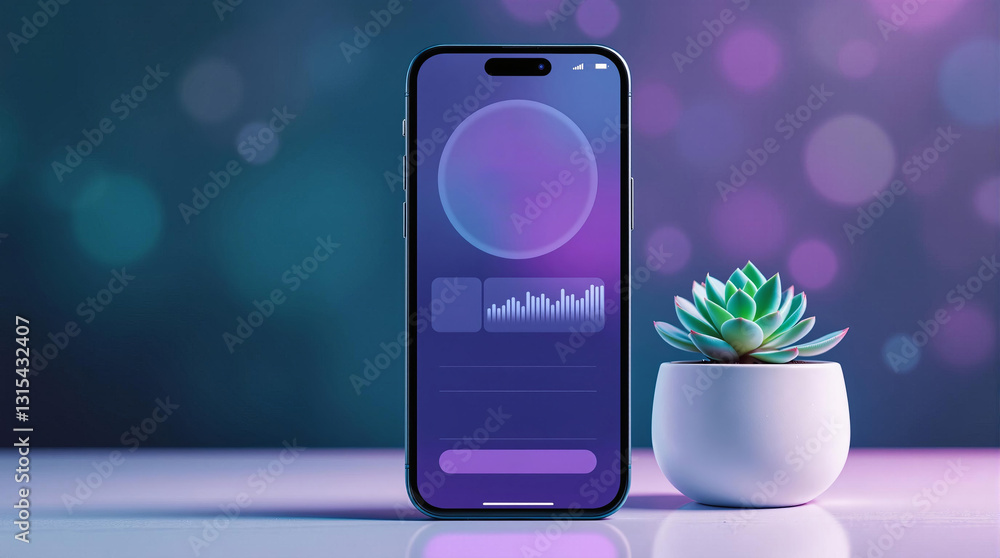 Poster a smartphone displaying a vibrant interface sits next to a small succulent plant on a table.