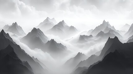 Monochromatic mountain range shrouded in mist.