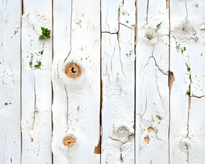 White painted wooden planks with cracks and knots