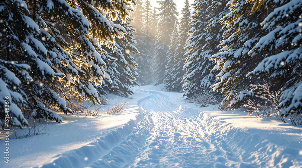 Aufkleber a tranquil winter scene featuring a snow-covered path surrounded by tall, frosted trees.