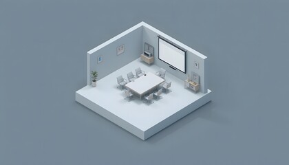 Isometric Conference Room Illustration with Projector Screen and Minimalist Design
