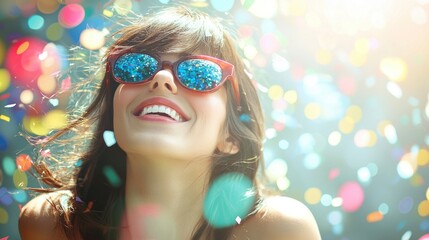 Smiling woman in sunglasses surrounded by falling colorful confetti
