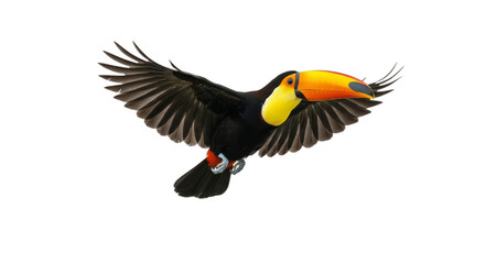 flying toucan bird isolated on transparent background, PNG, toucan flying cutout, flying bird png, tropical bird flying, toucan isolated png, flying tropical bird