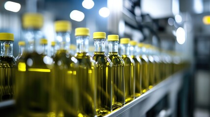Conveyor Belt of Glass Bottles Filled with Yellow Liquid, Factory Production Line