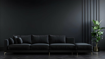 Dark And Luxurious Modern Interior Living Room With Black Sofa Gold Plant Pot And Marble Floor In Empty Minimalist Space With Vignette Shadow