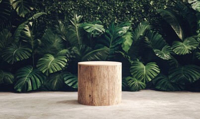 Wooden podium on concrete floor with tropical leaves background for product display