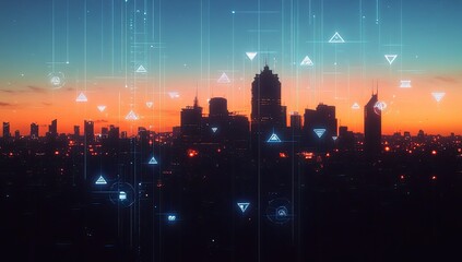 City skyline at dawn with digital overlay