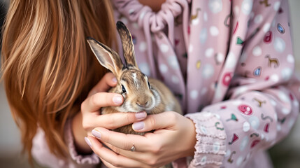 Woman gently cradling a rabbit, celebrating Easter and new beginnings