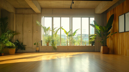 Fototapeta premium A modern, contemporary loft featuring an empty room with concrete and wooden plank walls, a parquet floor, indoor plants, and a panoramic window