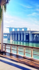 Fototapeta premium Cityscape: Bridge, Water, Modern Architecture