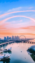 Cityscape Sunrise: Skyline, Ferris Wheel, Bay