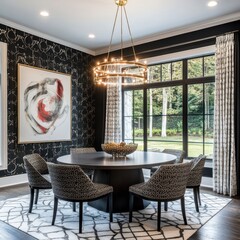 This elegant dining room features a circular table with chairs