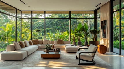 A modern living room with expansive windows, a cozy seating area, and a view of lush greenery outside, offering ample copy space. Interior, design, indoors, decor, home