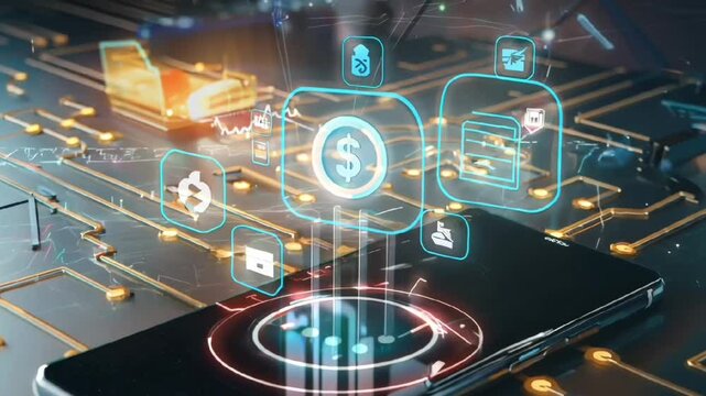 futuristic financial technology hologram with digital currency and banking icons for fintech innovation  