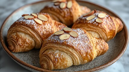 Four almond croissants on a plate, marble background
