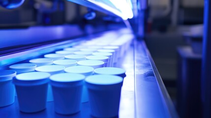 Fototapeta premium Conveyor Belt of White Cups Under Blue Light in Factory