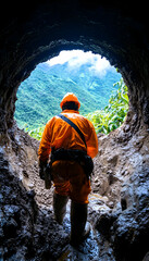 Worker in tunnel, wearing orange suit and helmet, looking towards mountain view