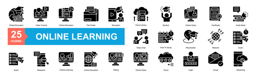 Online Learning Icon Sheet Global Education, Exam, Video Tutorial, Online Education, File Folder, Education, Cloud Library, Student, Online Class, Certificate, Audio Book, Exam, Research