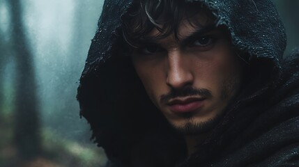 Mysterious hooded man in dark forest, intense gaze.