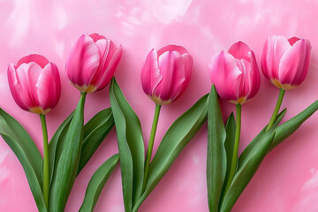 Fototapeta premium Vibrant pink tulips bloom against a soft pink spring backdrop