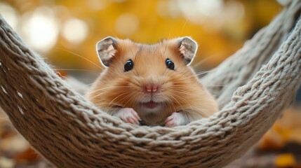 Adorable hamster relaxing in a cozy knitted hammock outdoors during autumn.