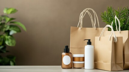 Natural Beauty Products and Eco-Friendly Shopping Bags Displayed