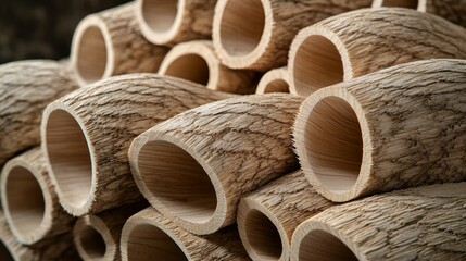 Stacked, hollow, wooden logs with visible bark texture and smooth interiors