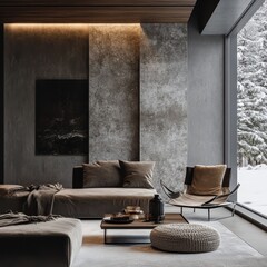 A modern living room shows a view to snowy forest