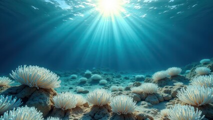 Fototapeta premium Coral bleaching underwater scene with sunlight filtering through ocean water 