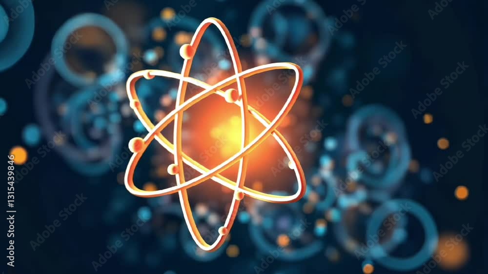 Poster glowing atomic structure with energy core for nuclear science physics and futuristic technology