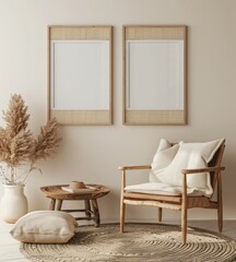 A cozy living room corner with a wooden chair. a round table. and two empty frames The room is decorated in a minimalist style with a beige color scheme and natural textures