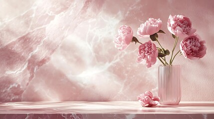 Pink peonies in a glass vase on a pink marble background.