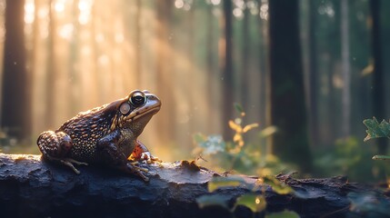 Sunrise illuminates a frog perched on a log in a misty forest.