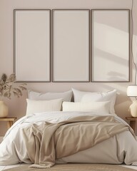 A modern bedroom interior with a bed. three empty frames and a side table