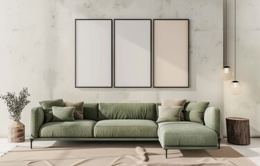 Modern living room interior with a green sofa. three empty frames. and a wooden stool