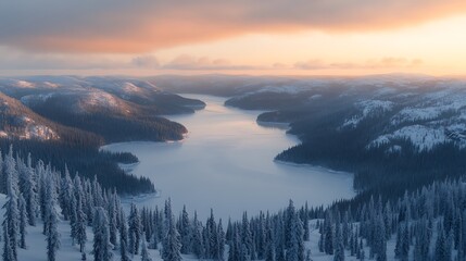 Obraz premium A peaceful drone shot of a frozen winter lake bordered by snowy hills and forests, with scattered fluffy clouds overhead.