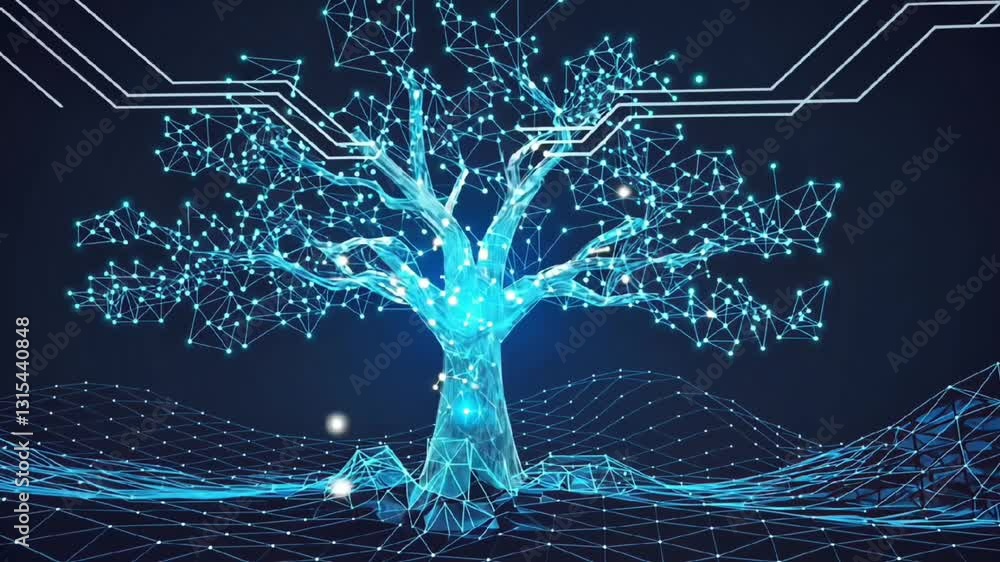 Poster futuristic digital tree with glowing blue connections and network data flow for technology and ai