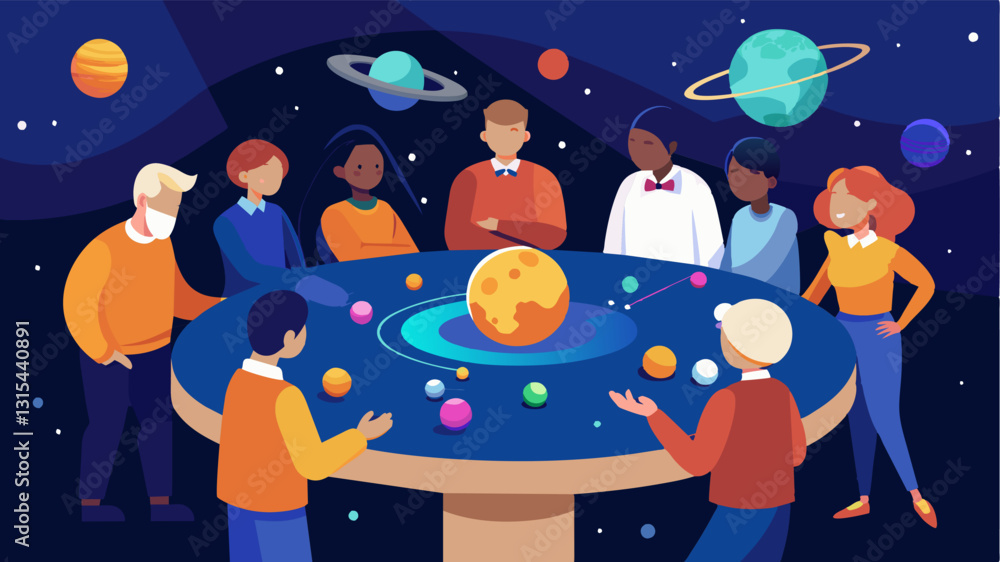 Poster as they gather around a large tabletop model of the solar system attendees listen intently as a scie