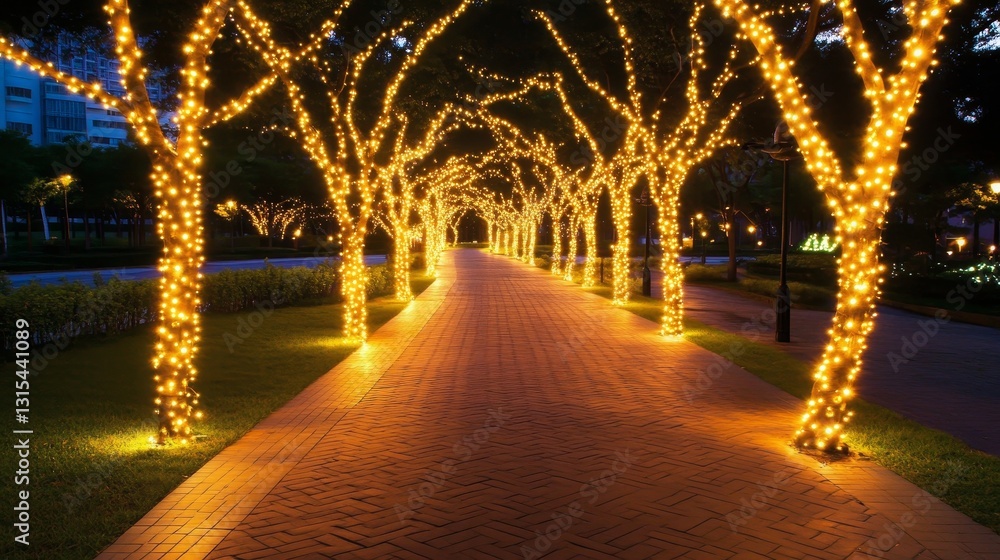 Poster illuminated pathway lined with glowing trees in a serene park setting at night