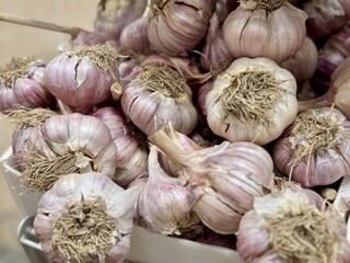 A lot of garlic in the box on sale in vegetable stand display at supermarket shop organic food, vegetarian food, healthy food. Close-up