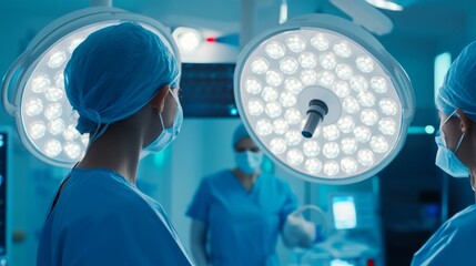 Two medical professional in surgical attire preparing for a procedure in a modern operating room