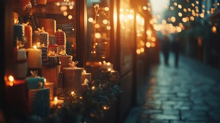 Obraz premium Warm Holiday Atmosphere with Lights and Gifts on City Street