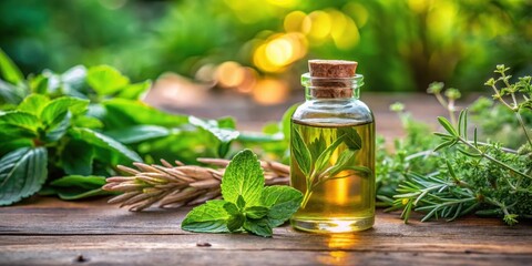 Aromatic oil glass bottle on a wooden table surrounded by lush greenery with fresh patchouli leaves and sprigs of rosemary , aromatherapy, essential oils