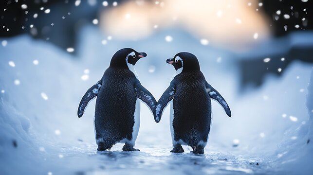 Two penguins holding wings, facing each other in snowy landscape.