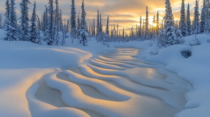 A snow-covered lake surrounded by dense, frosted trees, with soft sunlight breaking through thick winter clouds above.